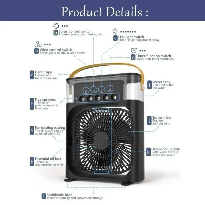 3-in-1 Portable Air Cooler – Fan, Humidifier & LED Night Light, 3 Colours
