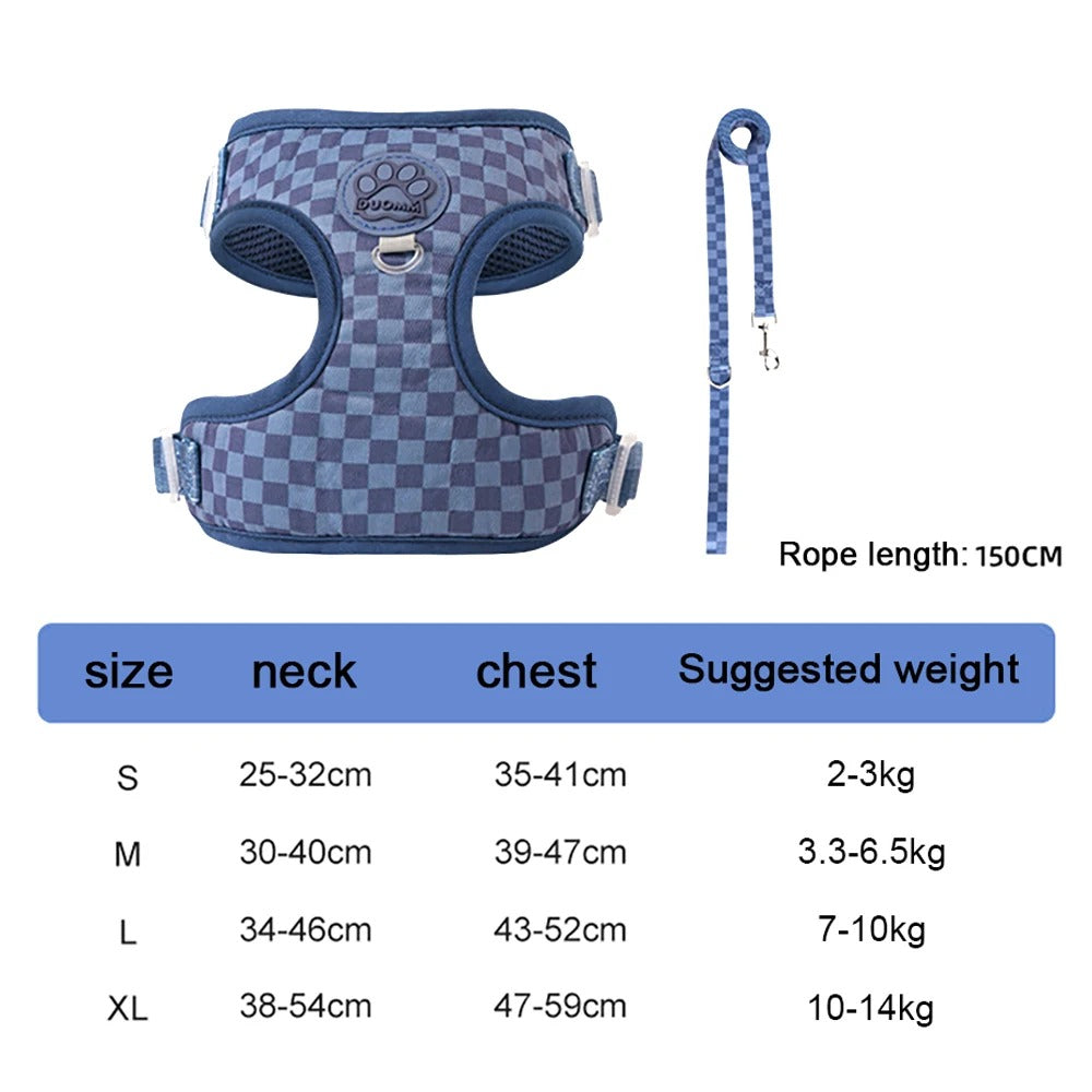 Plaid Dog Harness & Leash Set – Breathable Nylon, Adjustable, 5 Colours, Sizes S-XL