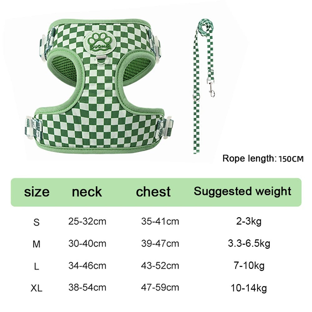 Plaid Dog Harness & Leash Set – Breathable Nylon, Adjustable, 5 Colours, Sizes S-XL