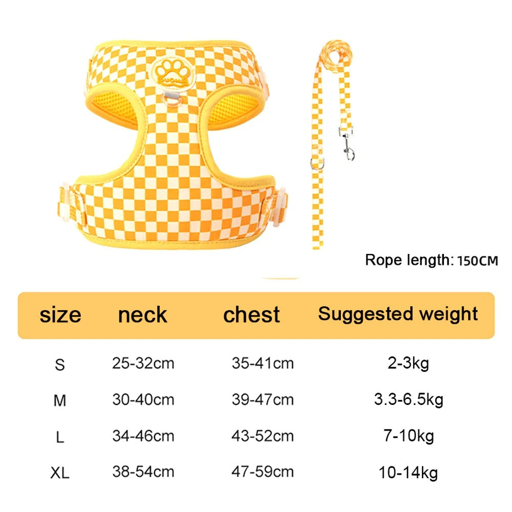 Plaid Dog Harness & Leash Set – Breathable Nylon, Adjustable, 5 Colours, Sizes S-XL