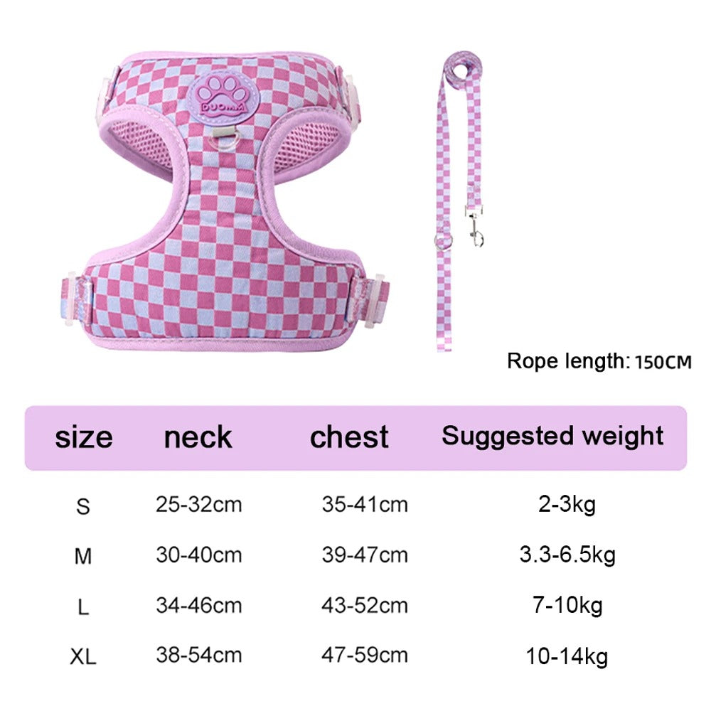 Plaid Dog Harness & Leash Set – Breathable Nylon, Adjustable, 5 Colours, Sizes S-XL