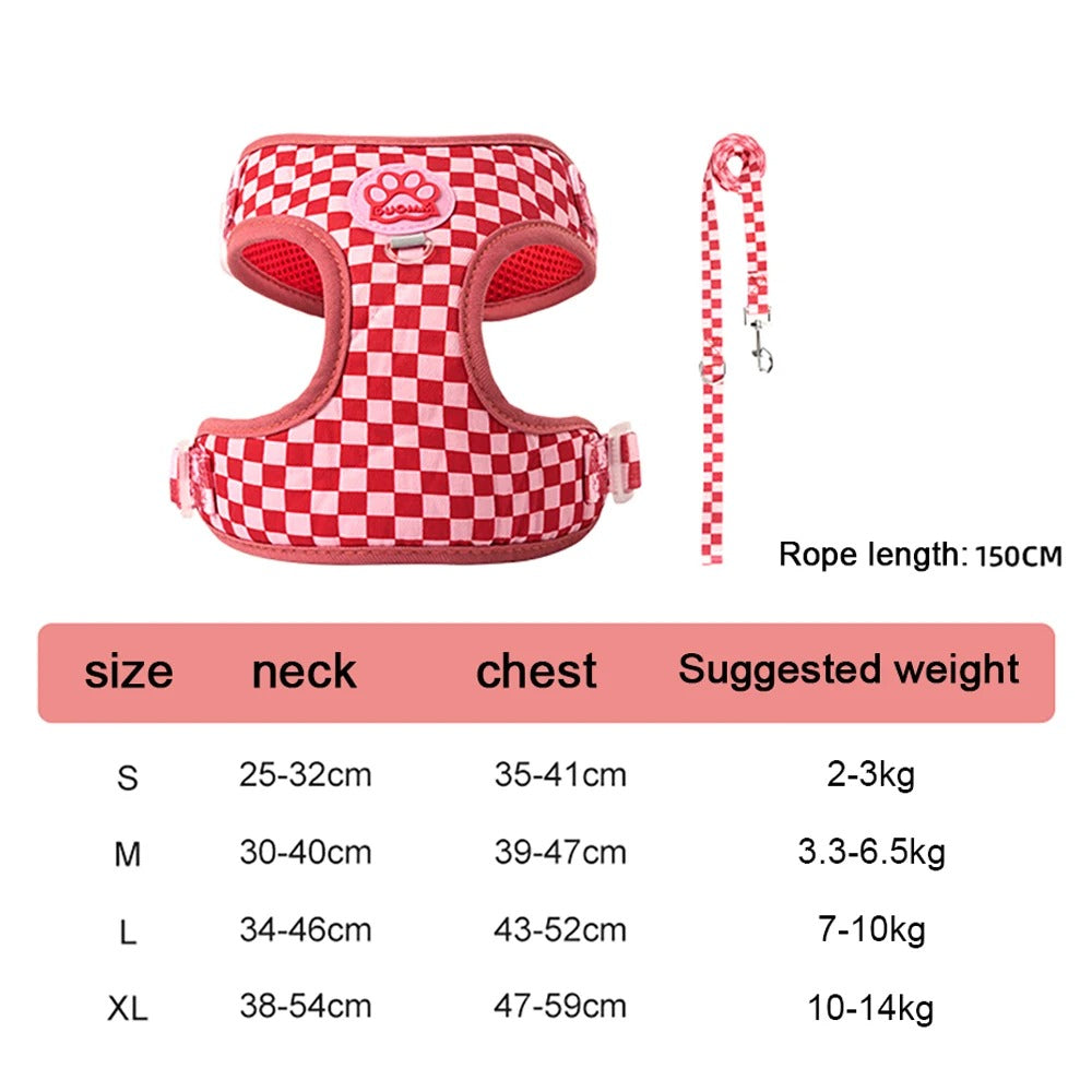 Plaid Dog Harness & Leash Set – Breathable Nylon, Adjustable, 5 Colours, Sizes S-XL